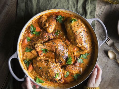 Herb Roasted Chicken Thighs in Creamy White Wine Sauce